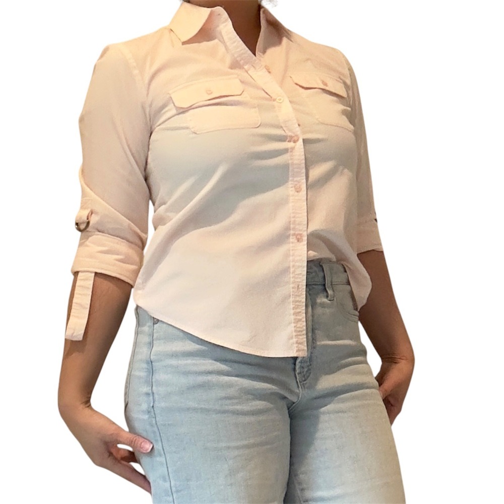 Chicos Light Pink Roll Tab Sleeve Button Down Shirt Size 0 Small Utility Pocket